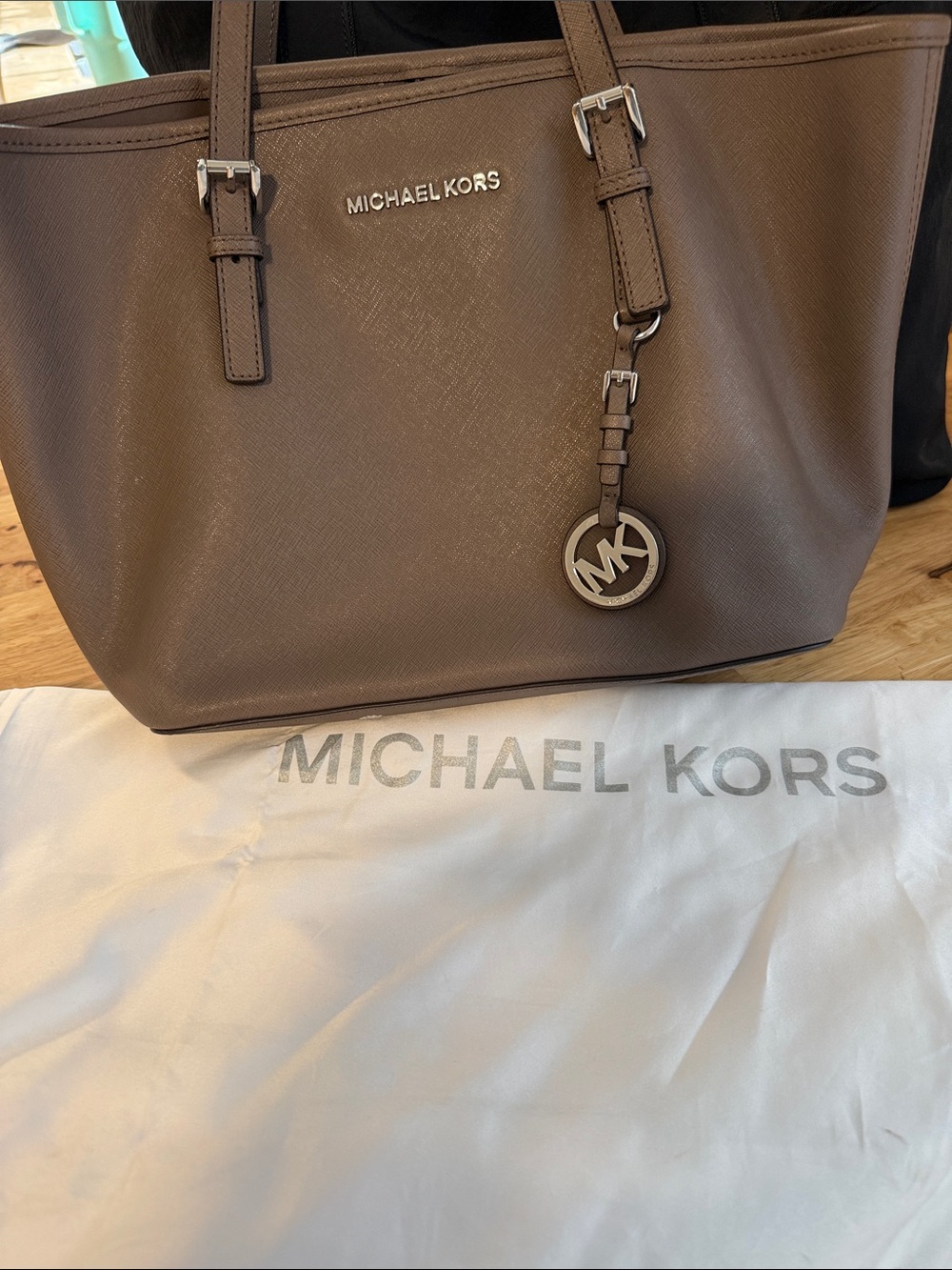 MICHAEL KORS Taupe Saffiano Leather Tote with Logo Charm